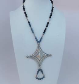 Artisan 925 Taureg Etched Tiered & Domes Cross & Loop Pendant Onyx Ball & Bar Beaded Necklace 46.2g alternative image
