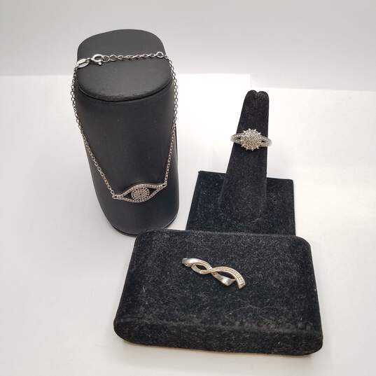 Sterling Silver Melee Diamonds Sapphires Evil Eye 7in Bracelet Sz 6 1/2 Ring Pendant Bundle 3pcs 6.2g image number 1