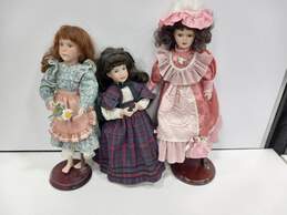 Bundle of 3 Assorted Vintage Girl Porcelain Collector Dolls with Display Stands