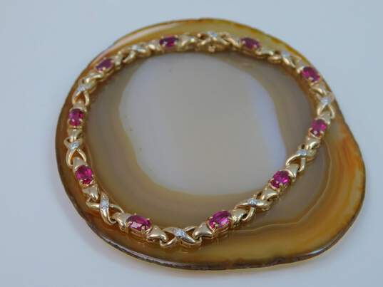 Romantic 10K Yellow Gold Ruby & Diamond Accent Bracelet 7.5g image number 1