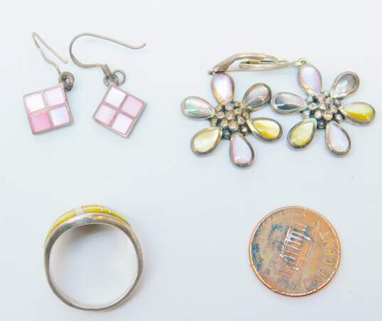Romantic 925 Pink & Yellow Mother of Pearl Flower & Square Drop Earrings & Shell Tapered Band Ring 16.2g image number 6