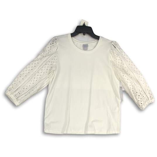 Chico's Womens White Eyelet 3/4 Sleeve Round Neck Pullover Blouse Top Size M image number 1
