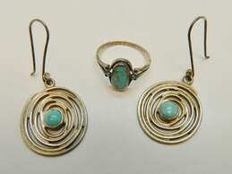 Artisan 925 Faux Turquoise Cabochon Spiral Circle Drop Earrings & Band Ring 8.5g