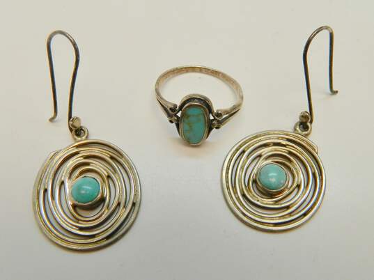 Artisan 925 Faux Turquoise Cabochon Spiral Circle Drop Earrings & Band Ring 8.5g image number 1