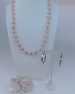 Milor 925 Rose Quartz Magnetic Clasp Necklace & Bracelet & Twisted Hoop Earrings 149.0g