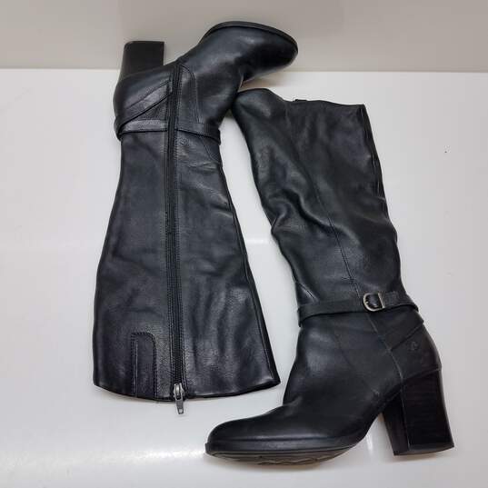 Black leather knee high heeled riding boots women's 7 image number 2
