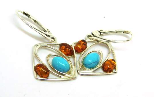 925 Egyptian, Tiger's Eye & Faux Turquoise Amber Earrings 21.6g image number 5