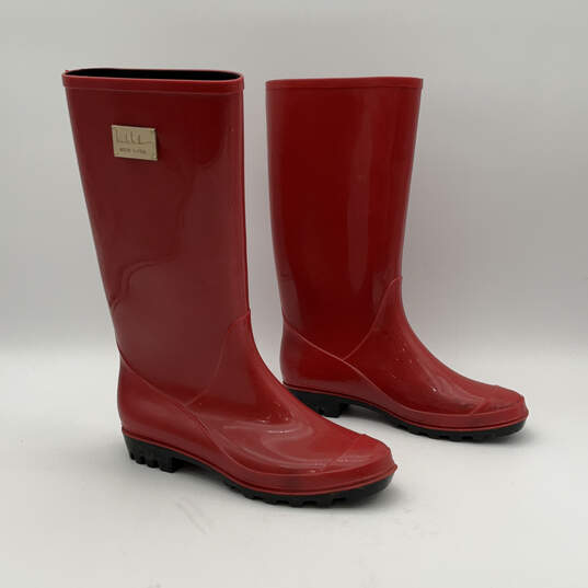 Womens Red Rubber Round Toe Block Heel Comfort Pull-On Rain Boots Size 7 image number 2