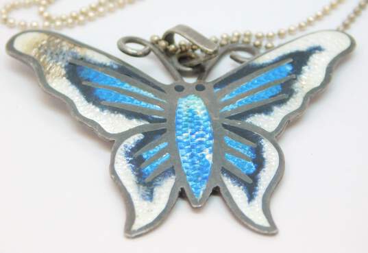 VNTG 925 Sterling Silver Mexico White Blue Black Enamel Butterfly Pendant Necklace image number 5