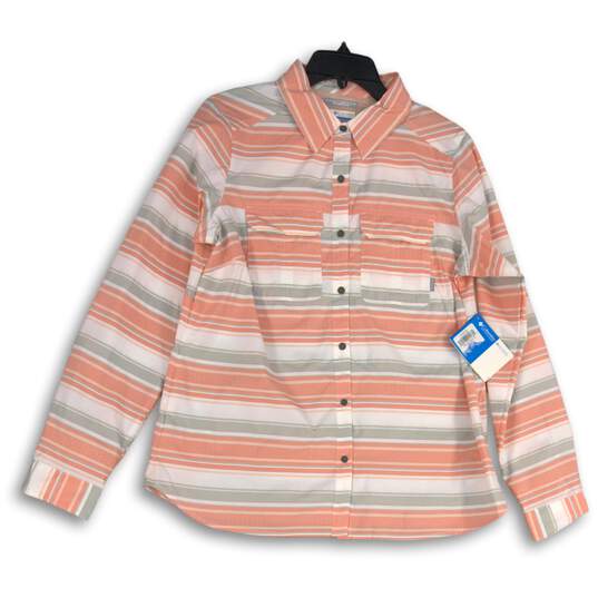 NWT Columbia Womens Pink Gray Striped Spread Collar Button-Up Shirt Size Large image number 1