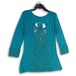 Womens Blue Lace Beaded Scoop Neck Long Sleeve Back Cutout Tunic Top Size L alternative image