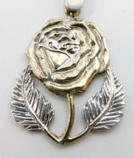 Romantic 925 & Vermeil Rose Pendant Necklace Flower Drop Earrings & Textured Wide Spinner Band Ring 15.3g image number 3