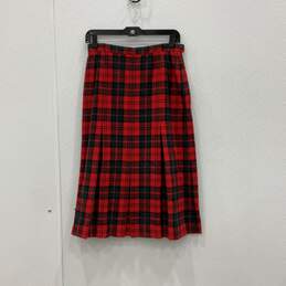 Pendleton Womens Red Green Plaid Pleated Side Zip Midi A-Line Skirt