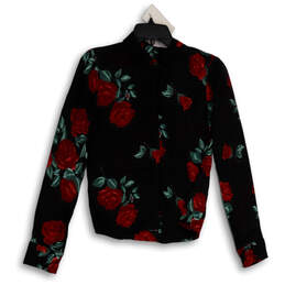Womens Black Red Floral Long Sleeve Spread Collar Button-Up Shirt Size XS