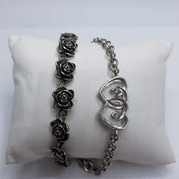 Sterling Silver Flower 6.5in Toggle Double Interlocking Hearts Bracelet Bundle 2 pcs 25.5g