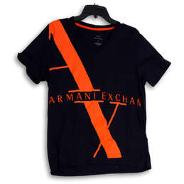 Womens Blue Orange Printed V-Neck Short Sleeve Pullover T-Shirt Size Large