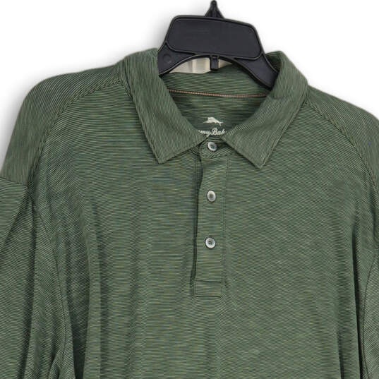 Mens Green Striped Long Sleeve Spread Collar Polo Shirt Size Large image number 3