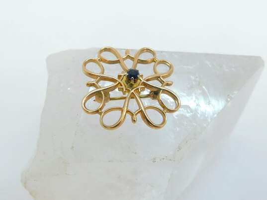 Vintage 10K Yellow Gold Sapphire Floral Swirl Brooch 2.0g image number 2