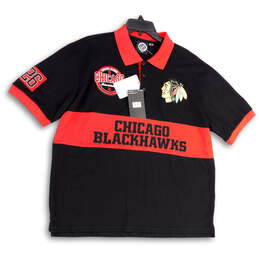 NWT Mens Black Red NHL Chicago Blackhawks Wordmark Rugby Polo Shirt Size XL