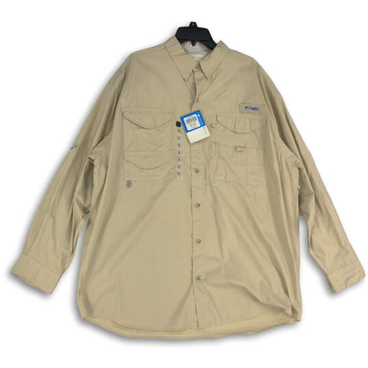 NWT Mens Beige Long Sleeve Flap Pocket Collared Button-Up Shirt Size XL image number 1