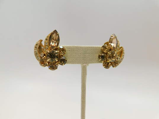 Vintage Eisenberg Ice Goldtone Icy Smoky & Clear Rhinestones Cluster Clip On Earrings 12.6g image number 2
