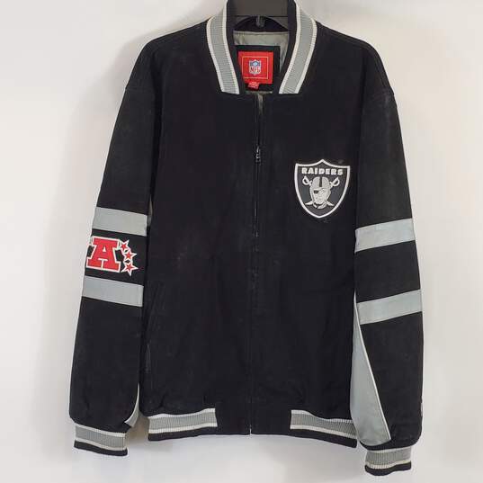 NFL Men Black Raiders Varsity Leather Jacket M image number 1