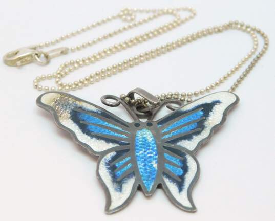 VNTG 925 Sterling Silver Mexico White Blue Black Enamel Butterfly Pendant Necklace image number 4