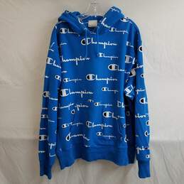 Champion allover print blue logo sweatshirt hoodie men's 2XL