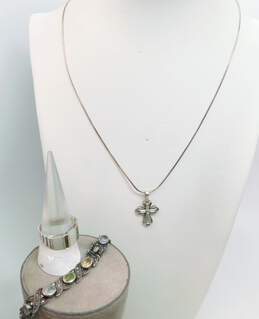 Romantic 925 CZ Cross Pendant Necklace Garnet Peridot Citrine Amethyst Linked Bracelet & Mother Of Pearl Inlay Marcasite Ring 30.4g