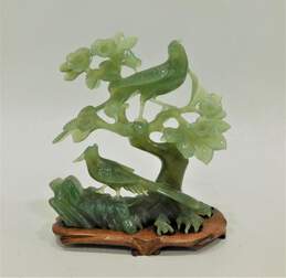 VTG Chinese Green Jade Sculpture 2 Birds in Flowers Tree W/ Wood Stand 7.5inches alternative image
