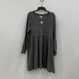 NWT Womens Gray Pleated Long Sleeve V-Neck A-Line Dress Size Large