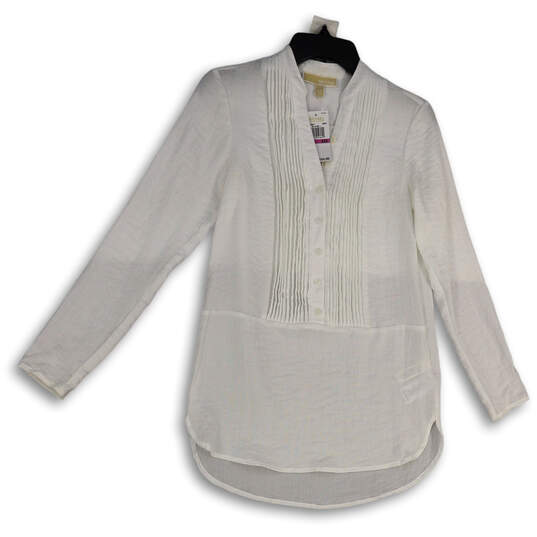 NWT Womens White Pleated Long Sleeve Button Front Tunic Top Size XXS image number 1