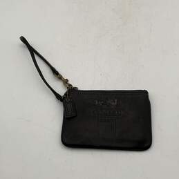 Womens Black Leather Zipper Logo Charm Wristlet Wallet