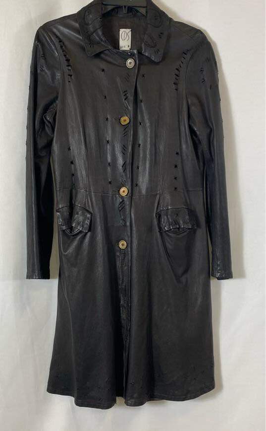 805 Womens Black Leather Long Sleeve Collared Button Front Overcoat Size M image number 1
