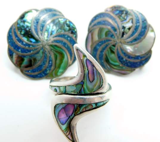 Vintage Taxco Mexican Modernist 925 Abalone Swirl Scroll Jewelry 34.5g image number 4