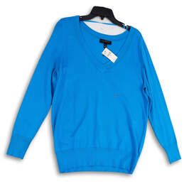 NWT Womens Blue Tight-Knit Long Sleeve V-Neck Pullover Sweater Size 14/16