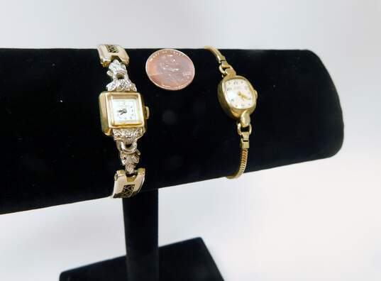 Ladies Vintage 10K Gold Filled Diamond Accent Gruen & Elgin De Luxe Jeweled Wrist Watches 28.0g image number 4