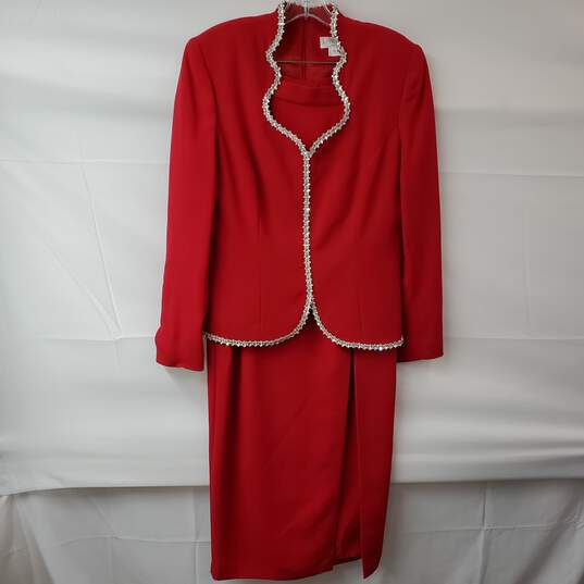 Vintage Junnie Leigh Evening Cocktail Red Blazer Jacket Skirt Set Women's 12 image number 1