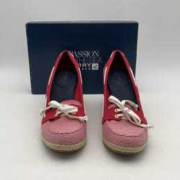 NIB Womens Red Striped Moc Toe Wedge Heel Espadrille Shoes Size 9.5 M