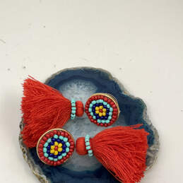 Designer J. Crew Red Blue Beaded Tassel Fashionable Drop Earrings