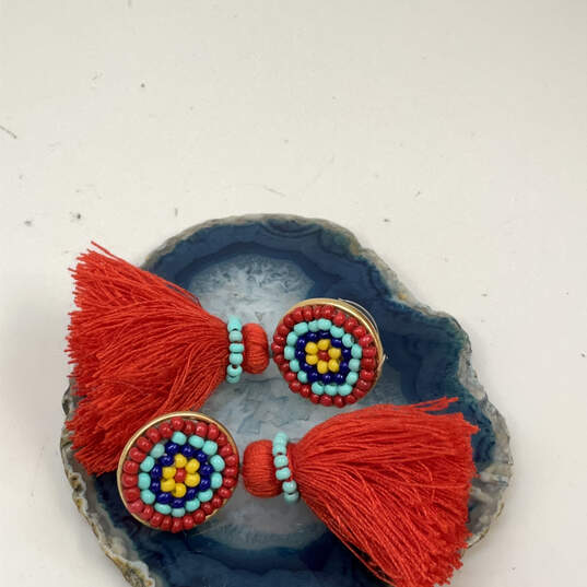 Designer J. Crew Red Blue Beaded Tassel Fashionable Drop Earrings image number 1