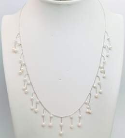 18K White Gold Faux Pearls Beaded Dangle Accents Ball Bead Chain Necklace 5.0g