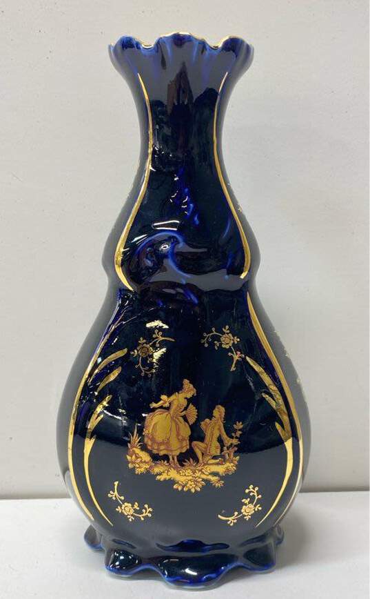Limoges France Cobalt and Gold 9 inch Tall Decorative Porcelain Table Top Vase image number 1