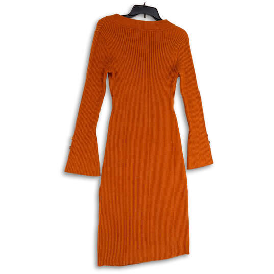 Womens Orange Ribbed V-Neck Long Sleeve Pullover Sweater Dress Size S image number 2