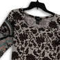 Womens Gray Black Floral Round Neck Long Sleeve Knee Length Shift Dress M image number 3