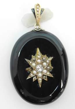 Antique Victorian 10K Gold 0.46 CT Diamond Seed Pearl Onyx Mourning Locket Pendant 29.8g