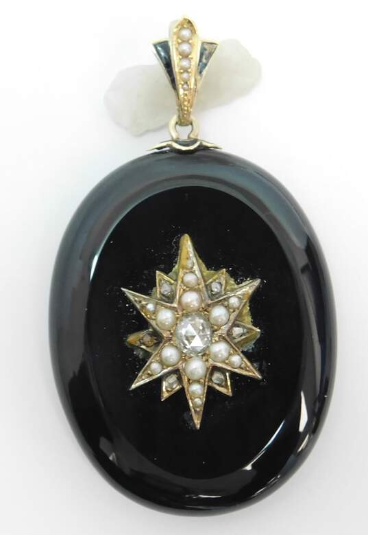 Antique Victorian 10K Gold 0.46 CT Diamond Seed Pearl Onyx Mourning Locket Pendant 29.8g image number 1