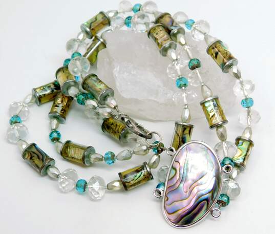 Artisan Sterling Silver Abalone Pendant Glass Beaded Multi Strand Necklace & Serpentine Drop Earrings 71.4g image number 4