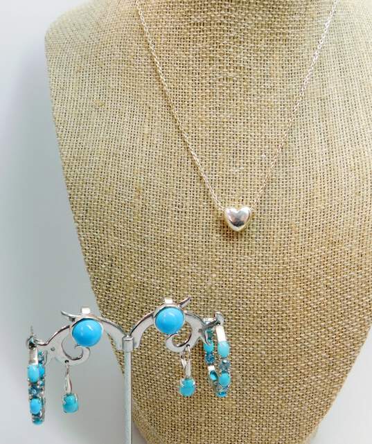 Dyadema 925 Puffed Heart Pendant Necklace & Turquoise & Topaz Hoop Drop Earrings image number 1