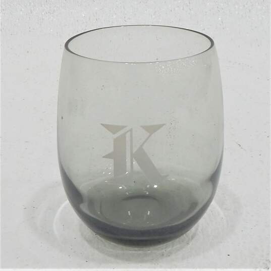 Vintage MCM Smoky Gray Glass Etched K Monogram Stemless Wine Glasses Set of 6 image number 5